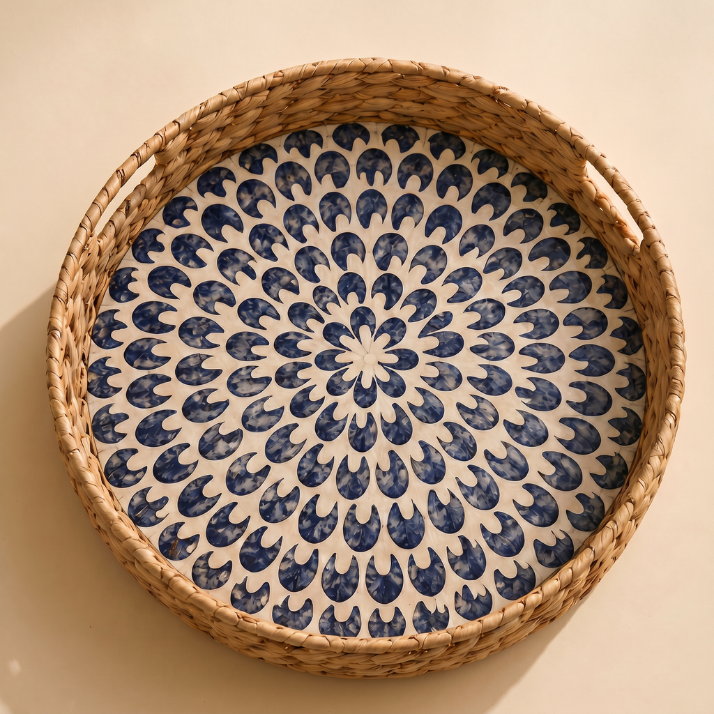 Azure Bloom Inlay Round Tray