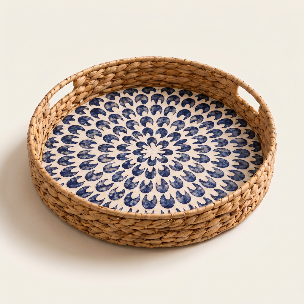 Azure Bloom Inlay Round Tray