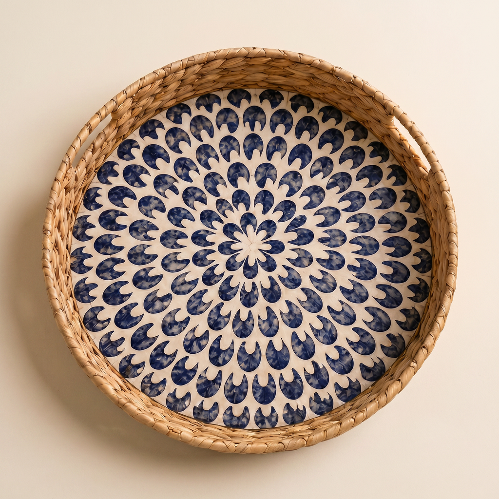 Azure Bloom Inlay Round Tray