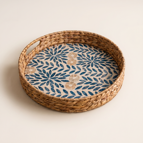 Blue Leaf Inlay Round Tray