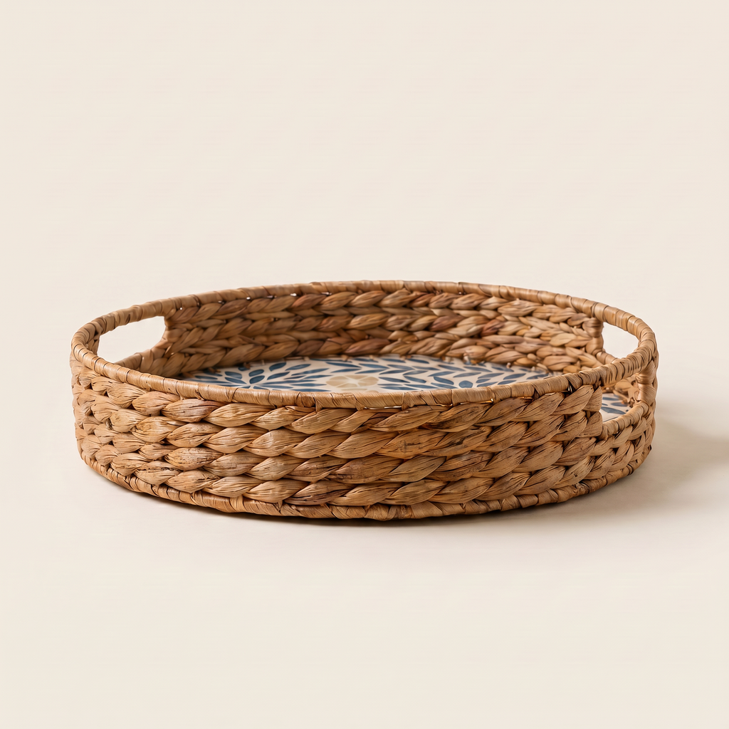 Blue Leaf Inlay Round Tray
