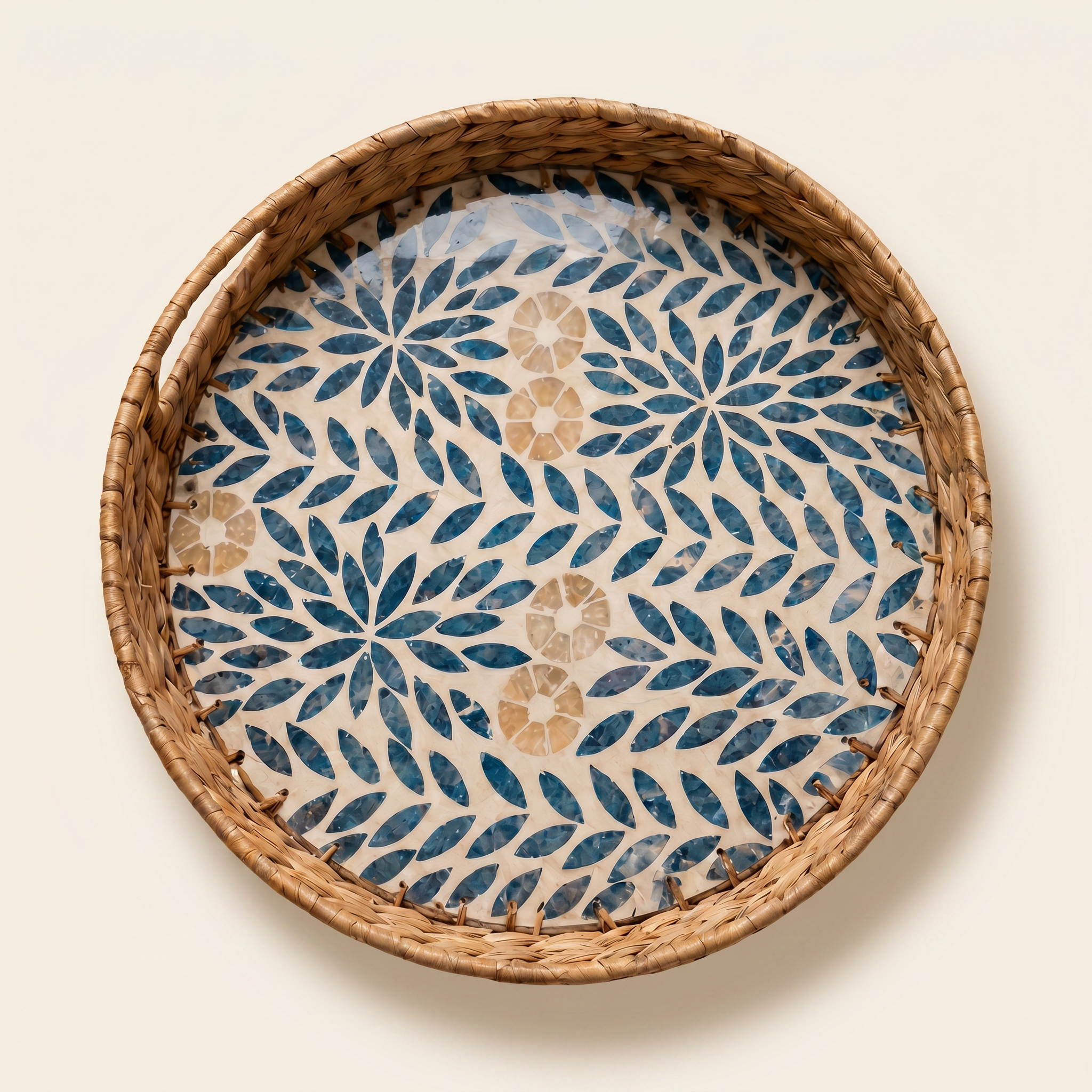 Blue Leaf Inlay Round Tray
