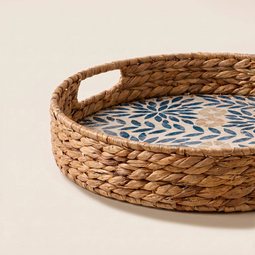 Blue Leaf Inlay Round Tray