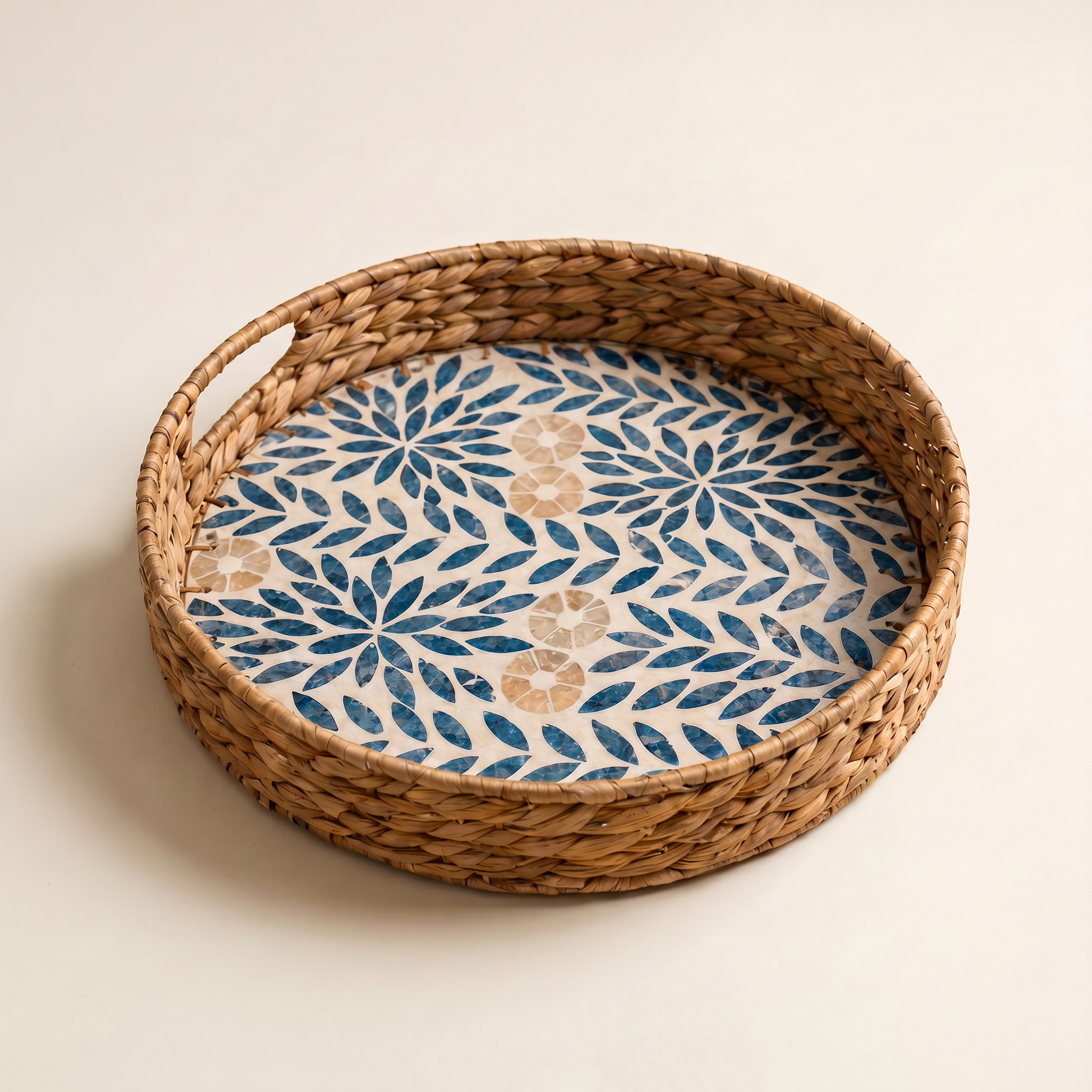 Blue Leaf Inlay Round Tray