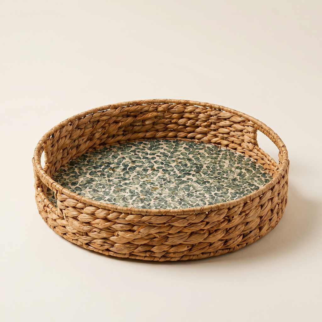Green Leaf Inlay Round Tray
