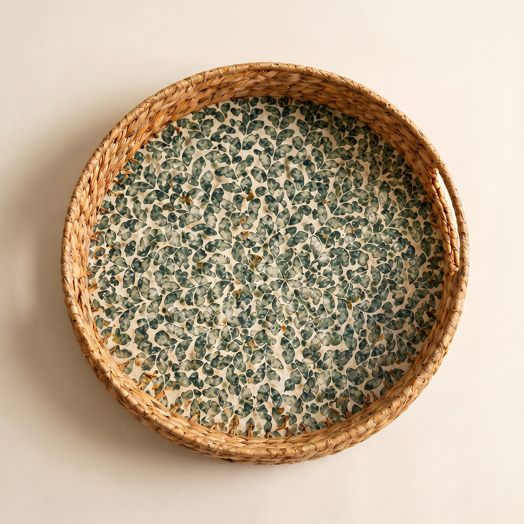 Green Leaf Inlay Round Tray