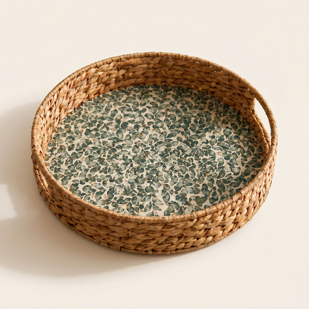 Green Leaf Inlay Round Tray