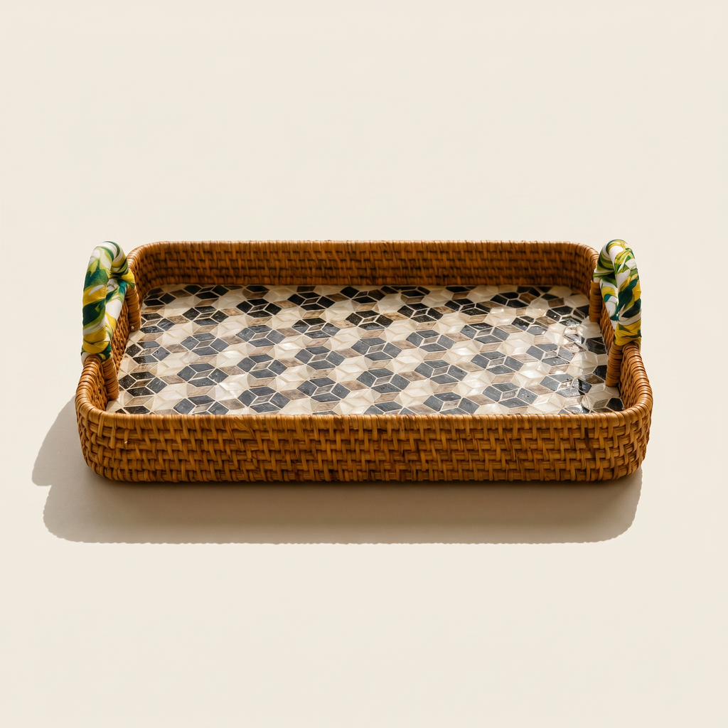 White & Blue Mother of Pearl Rattan Rectangle Tray