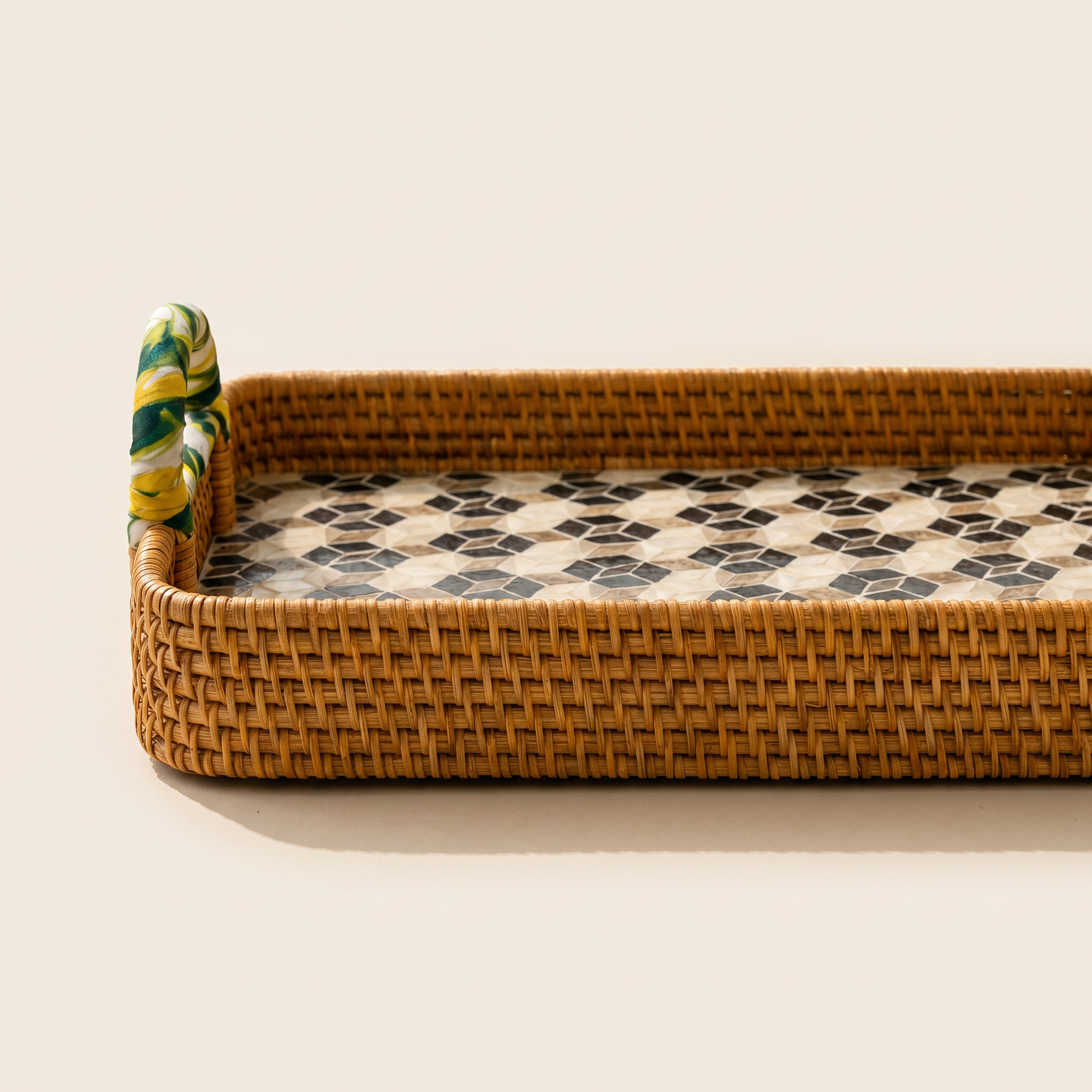 White & Blue Mother of Pearl Rattan Rectangle Tray