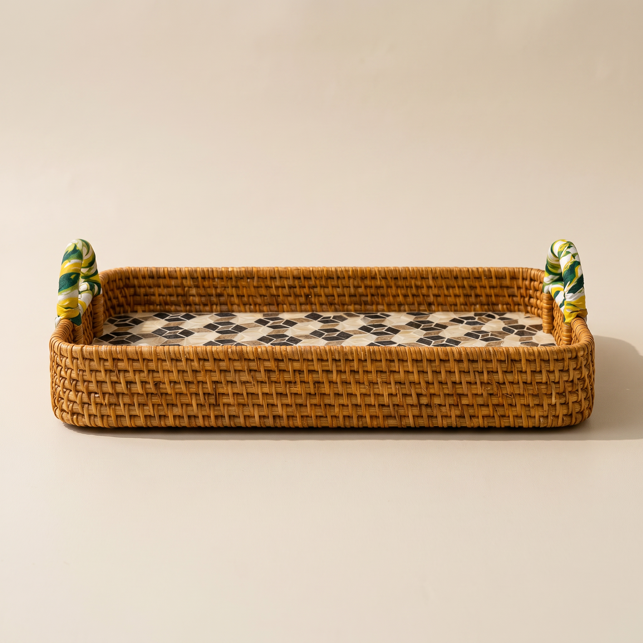 White & Blue Mother of Pearl Rattan Rectangle Tray