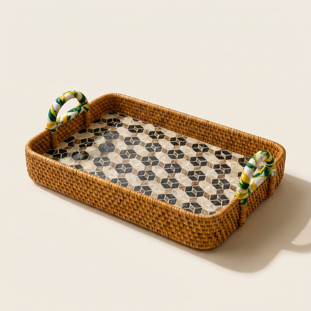 White & Blue Mother of Pearl Rattan Rectangle Tray