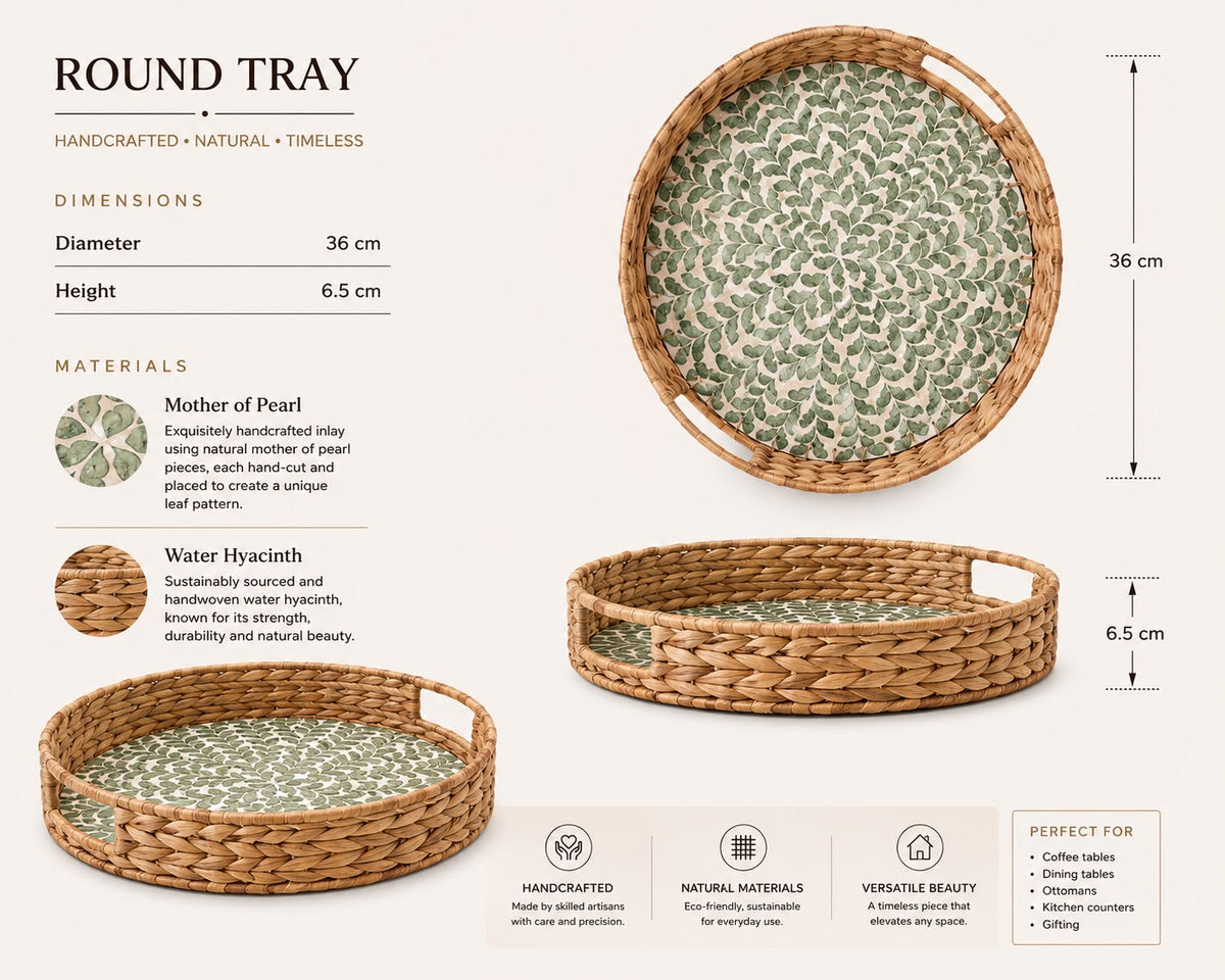 Green Leaf Inlay Round Tray