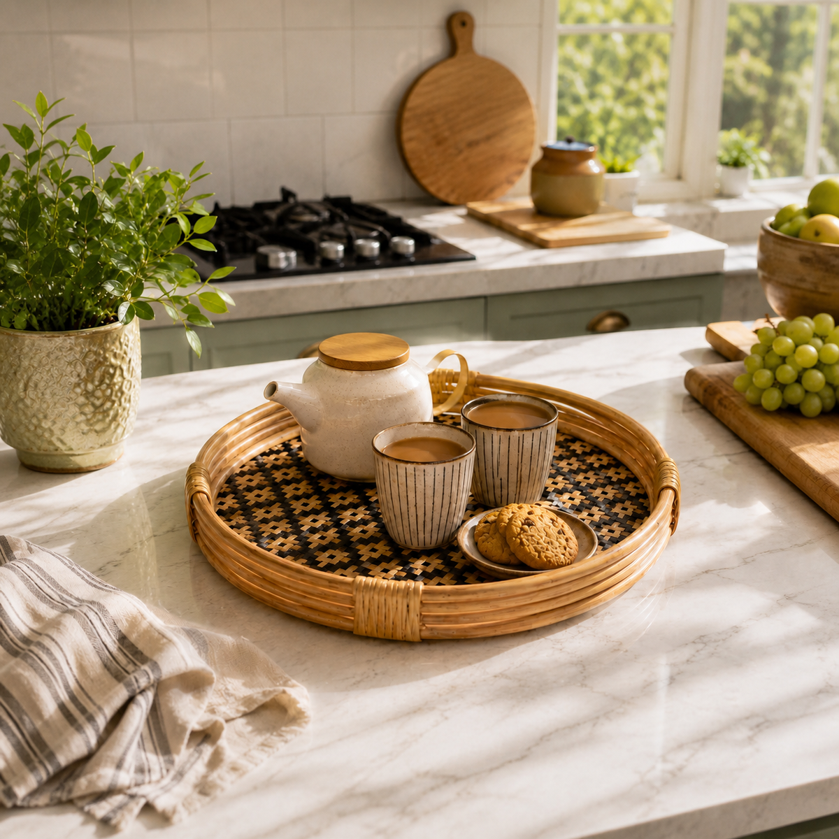Bamboo and Water Hyacinth Round Tray styled for serving