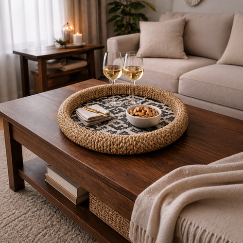Bamboo and Water Hyacinth Tray styled with wine and snacks