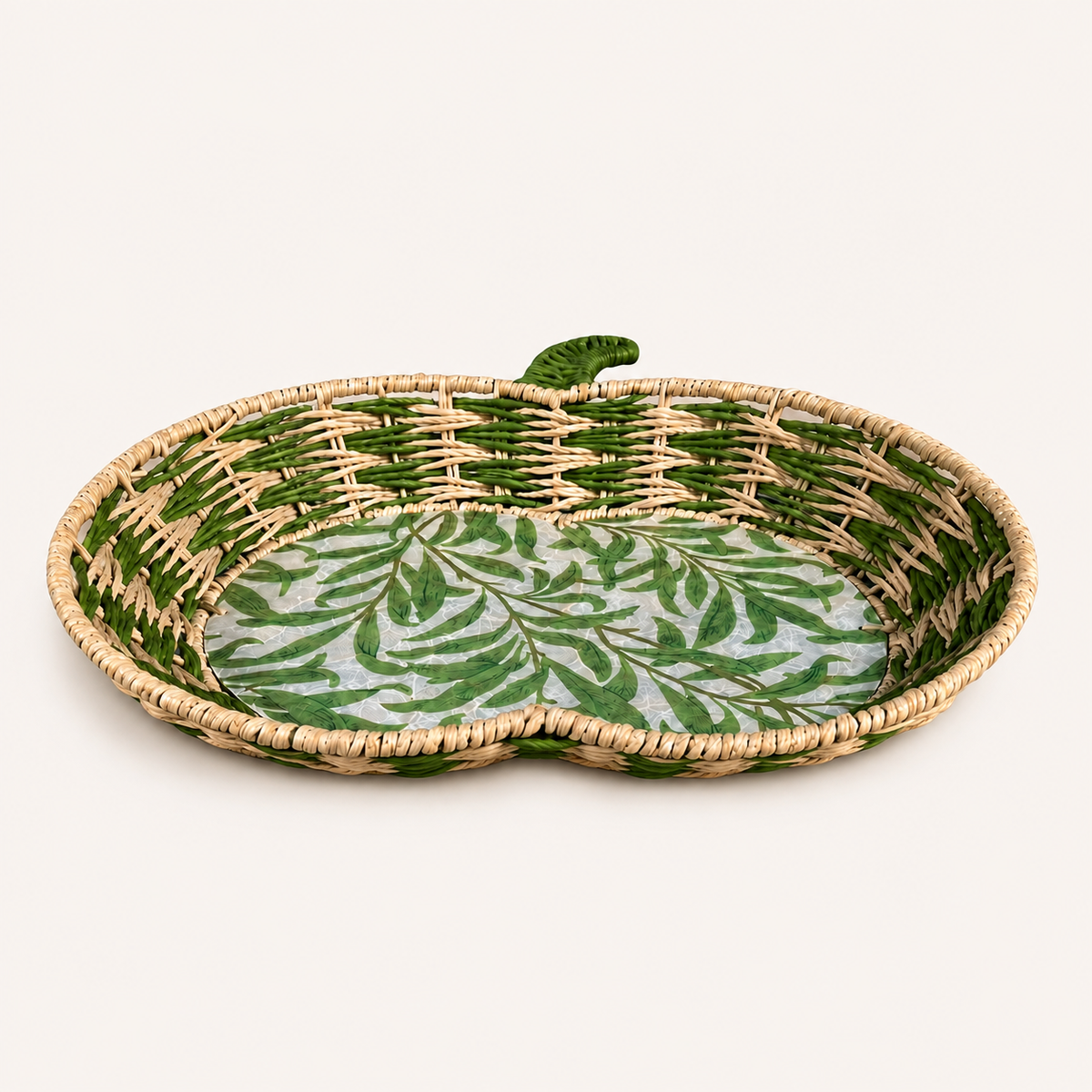 Green Leaf Apple Woven Tray - Large angled front view on a neutral background
