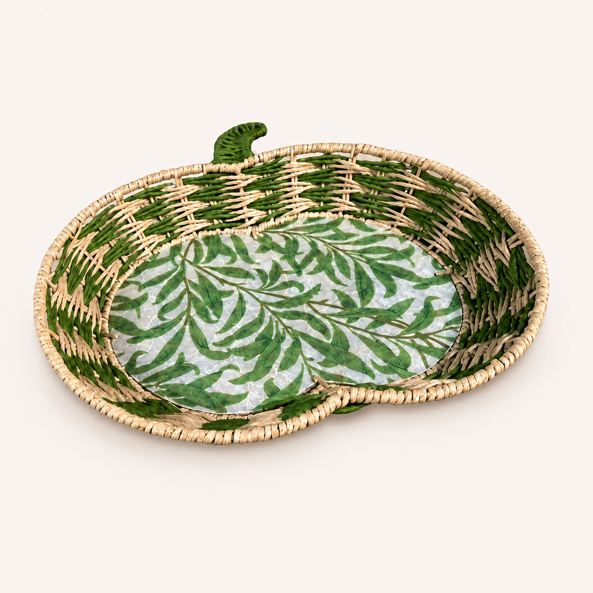 Green Leaf Apple Woven Tray - Large three-quarter view on a neutral background