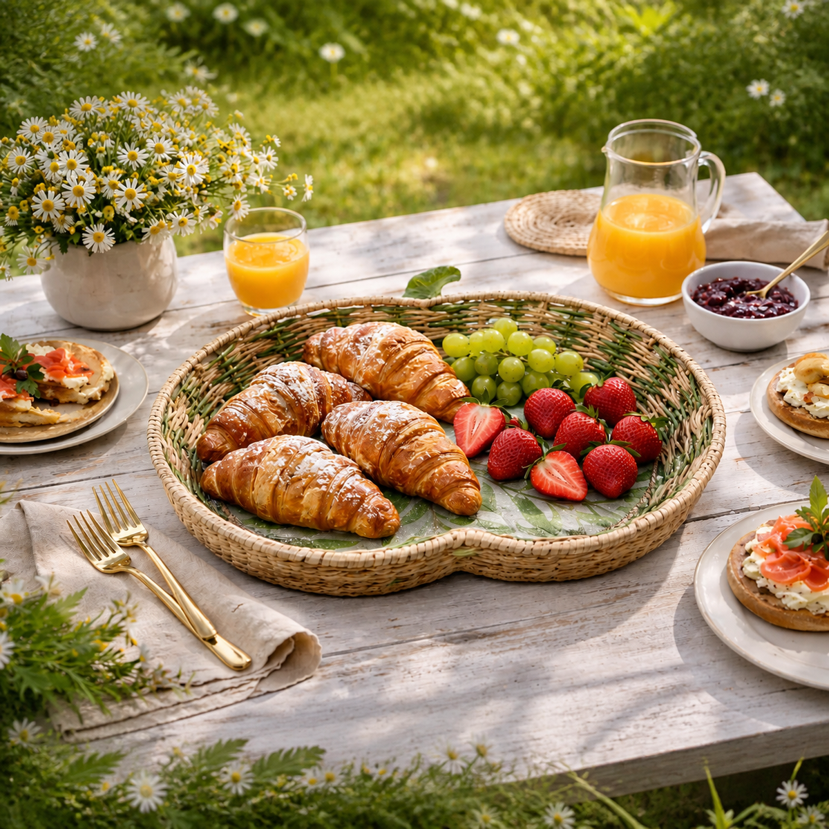 Green Leaf Apple Woven Tray - Large styled with breakfast and fruit