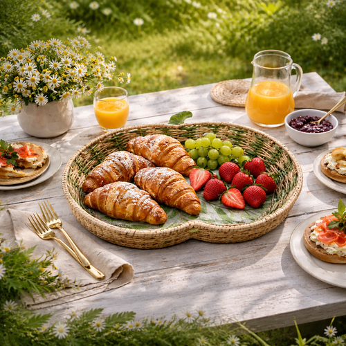 Green Leaf Apple Woven Tray - Large styled with breakfast and fruit