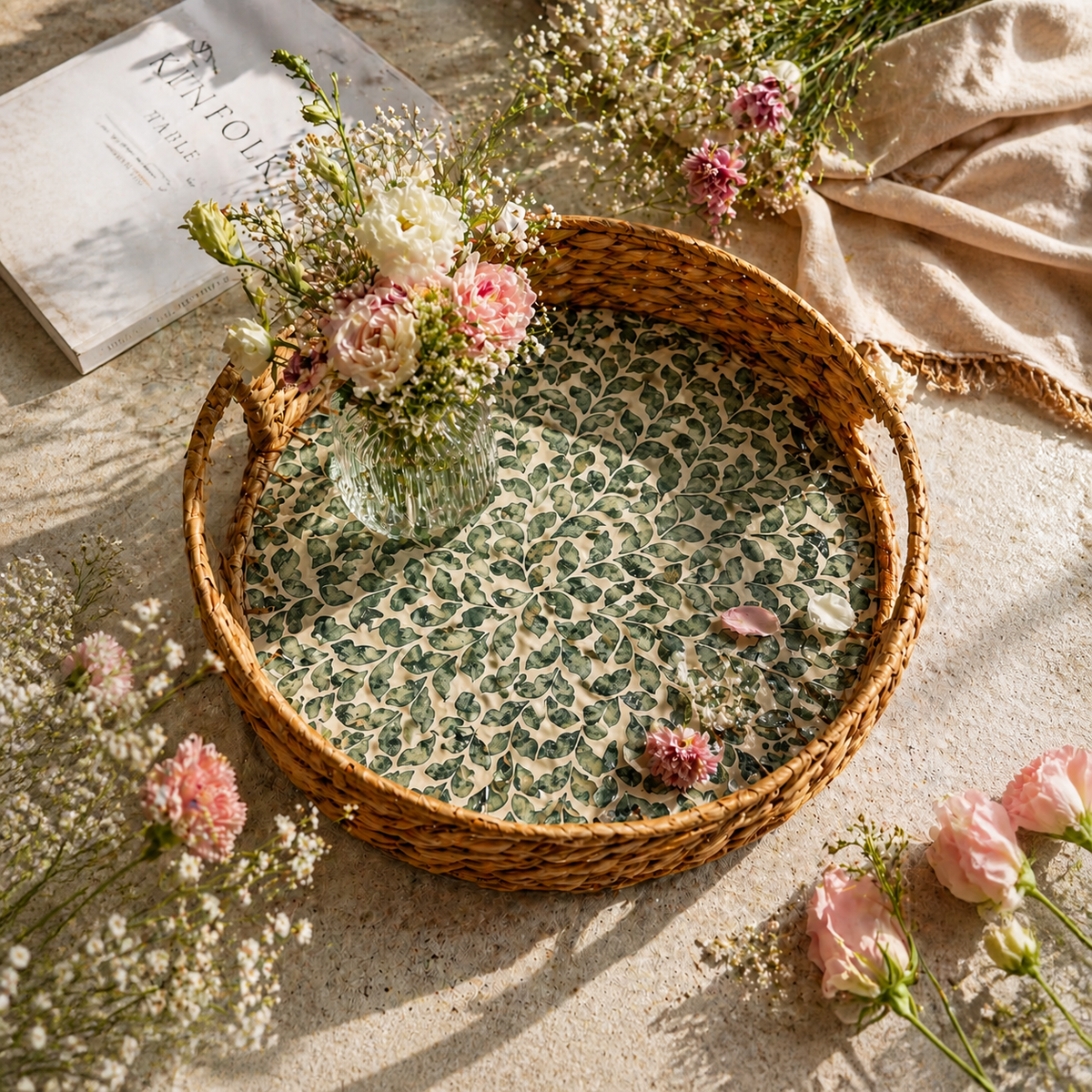 Green Leaf Inlay Round Tray styled with flowers