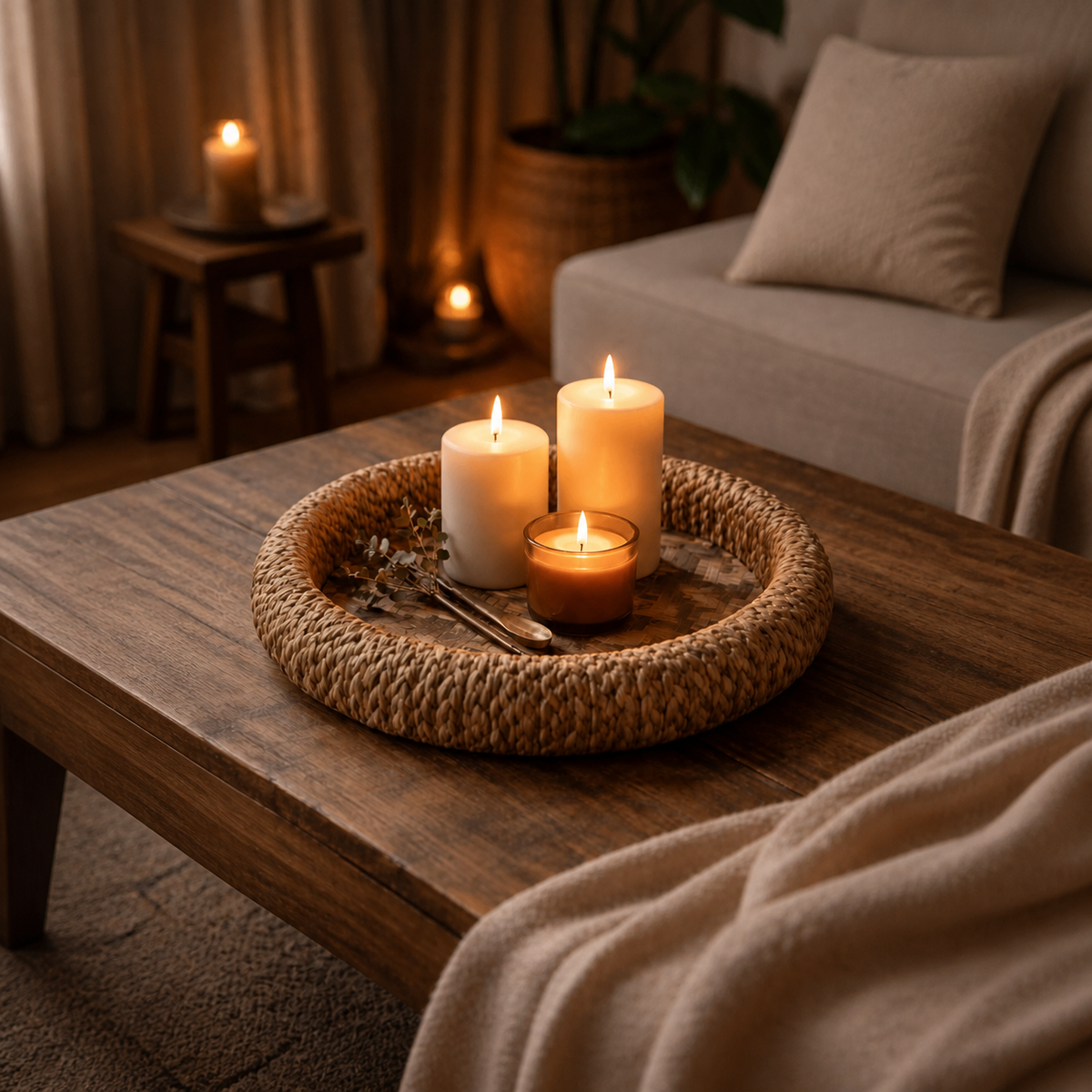 Herringbone Deep Round Tray styled with a candle