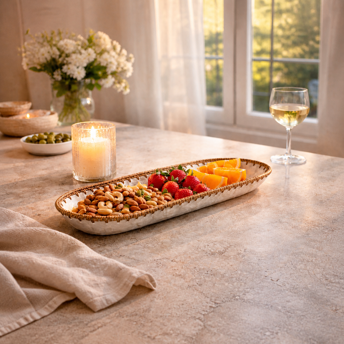 Mother of Pearl Long Tray styled with fruit and nuts