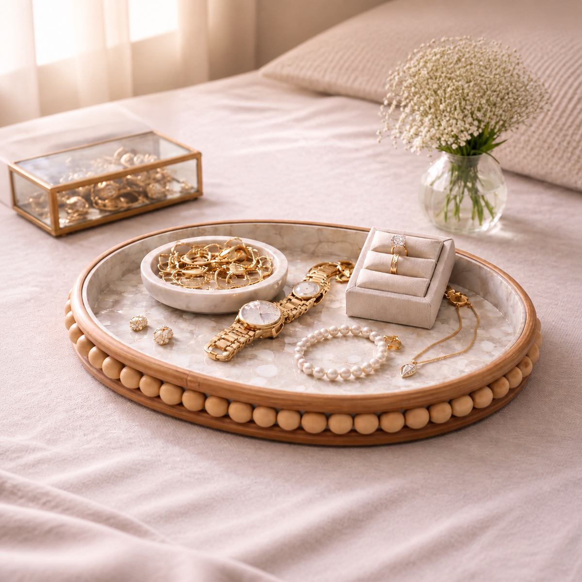 Mother of Pearl Oval Tray styled with jewellery