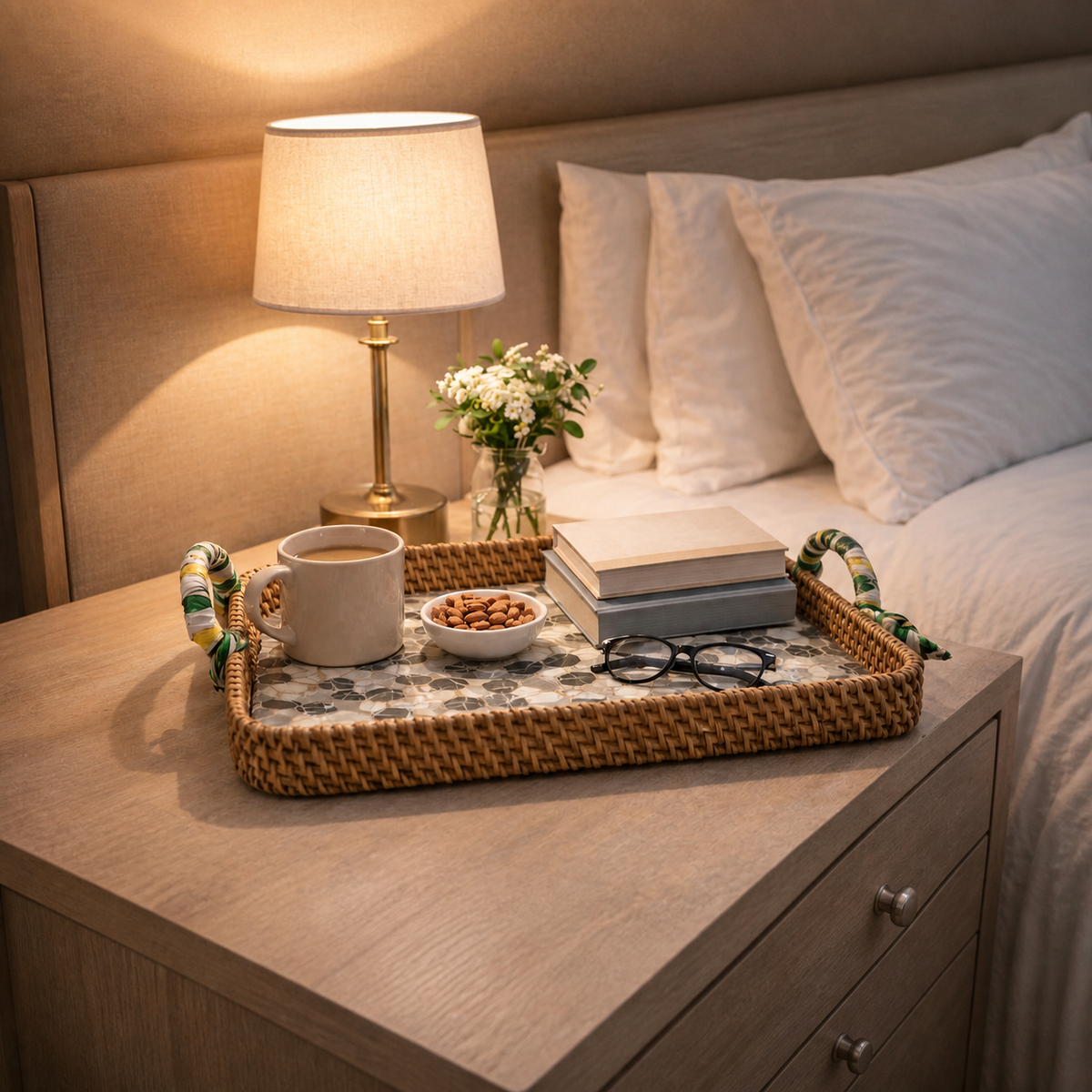 White and Blue Mother of Pearl Rattan Rectangle Tray styled on a bedside table