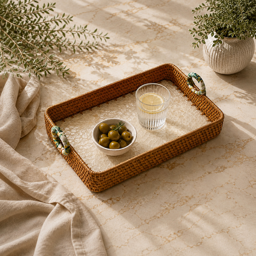 White Mother of Pearl Rattan Rectangle Tray with handles styled for serving
