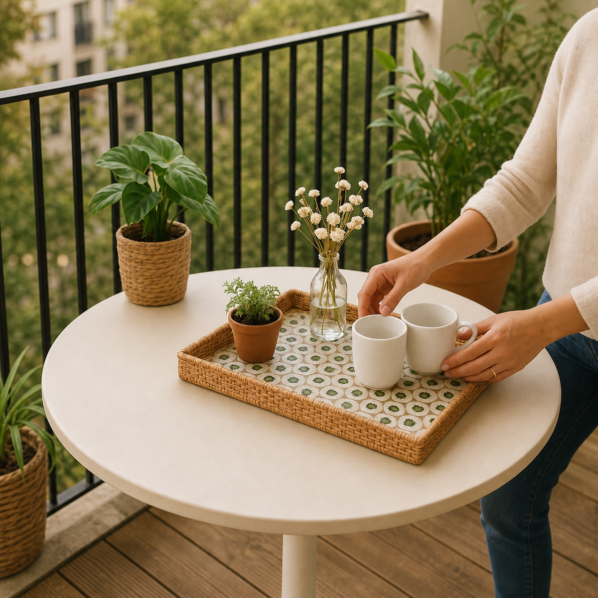 Yellow and Green Mother of Pearl Rectangular Tray styled outdoors